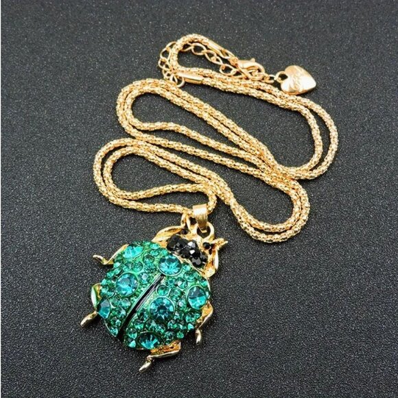 Betsey Johnson Jewelry - Betsey Johnson Necklace Teal Iridescent Crystal Ladybug Pendant Gold Tone